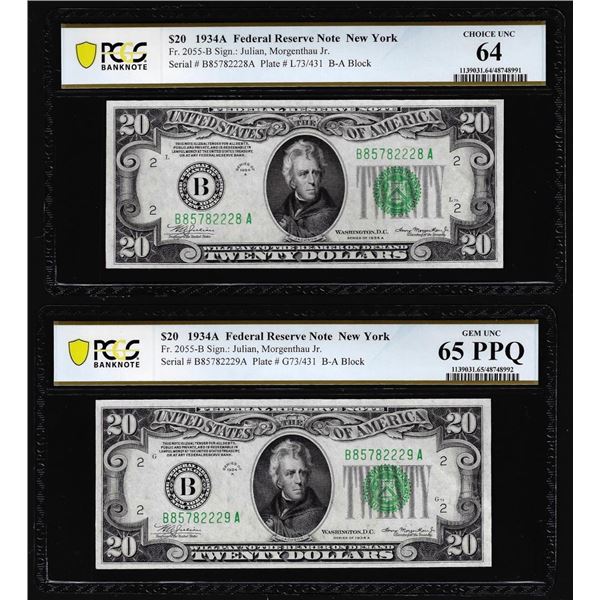 (2) Cons. 1934A $20 Federal Reserve Notes PCGS Uncirculated 64/65PPQ Plate Change