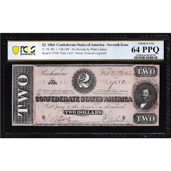 1864 $2 Confederate States of America Note T-70 PCGS Choice Uncirculated 64PPQ