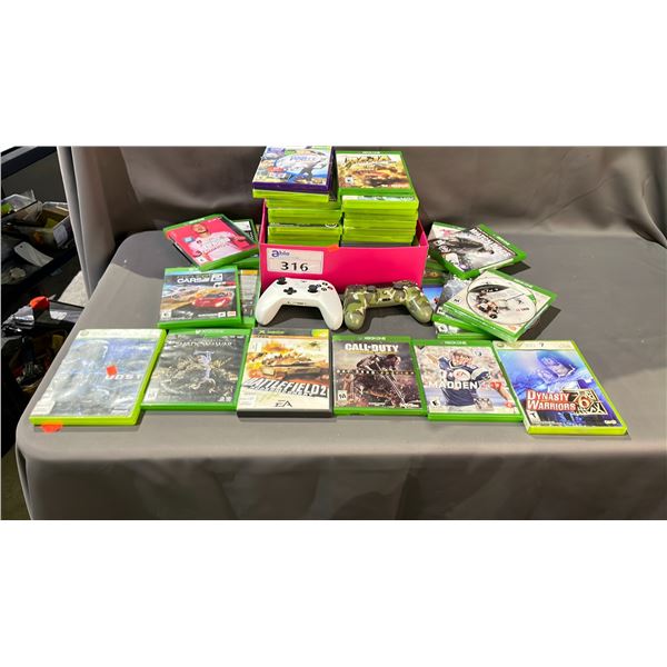 LOT OF ASSORTED XBOX GAMES, XBOX CONTROLLER & PLAYSTATION CONTROLLER (GAMES MAY BE EMPTY CASES)