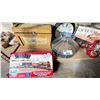 Image 3 : SHELF OF ASSORTED ITEMS INCLUDING; LEAD GLASS LAMP SHADE, RAILROAD ENGINE AND TRACKS, VINTAGE PHONE