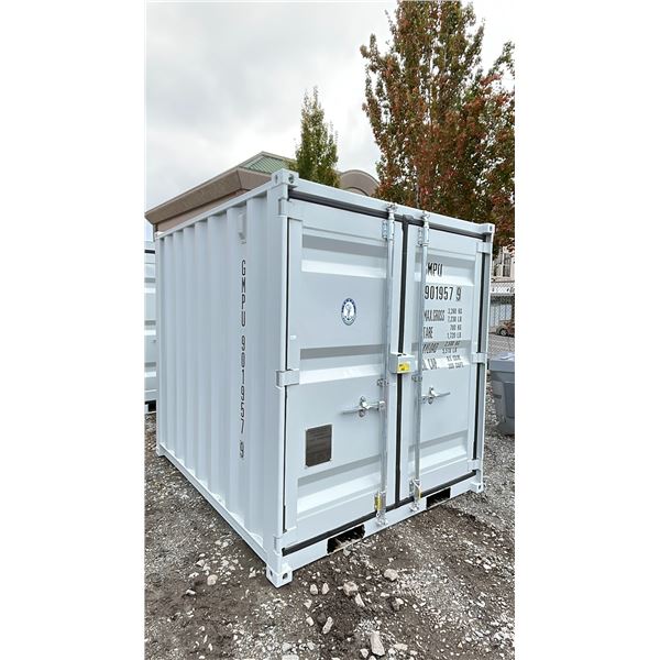 GREY 7' 7,230 MAX CAPACITY OFFICE STORAGE SHIPPING CONTAINER WITH DUAL SWING REAR DOORS, CAM