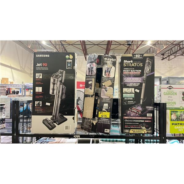 SHELF OF ASSORTED VACUUMS INCLUDING; SAMSUNG JET90, EUREKA ALTITUDE DELUXE & SHARK STRATOS CORDLESS