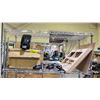 Image 1 : SHELF OF ASSORTED ITEMS INCLUDING; SOAP DISPENSERS, WINDOW INSERTS & SKI BOOT BINDINGS