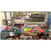 Image 1 : SHELF OF ASSORTED TOOLS INCLUDING; SOLDERING IRONS, MEASURING TAPES, BENCH VISE & MORE