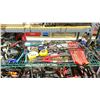 Image 3 : SHELF OF ASSORTED TOOLS INCLUDING; SOLDERING IRONS, MEASURING TAPES, BENCH VISE & MORE