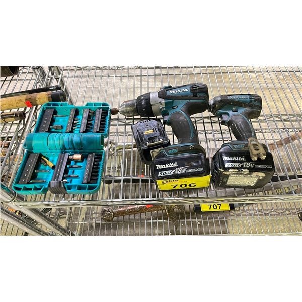 LOT OF ASSORTED MAKITA TOOLS INCLUDING; 2 DRILLS, 3 BATTERIES & INCOMPLETE BIT SET