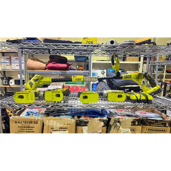 SHELF OF ASSORTED RYOBI CORDLESS TOOLS INCLUDING; TRIMMER, DRILLS, BATTERY & CHARGER