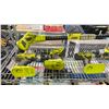 Image 2 : SHELF OF ASSORTED RYOBI CORDLESS TOOLS INCLUDING; TRIMMER, DRILLS, BATTERY & CHARGER