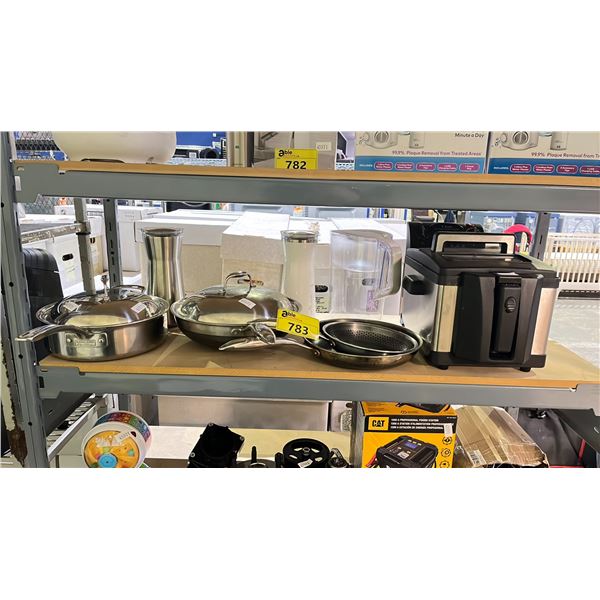 SHELF OF ASSORTED ITEMS INCLUDING; POTS & PANS, T-FAL DEEP FRYER, WATER PITCHER & MORE