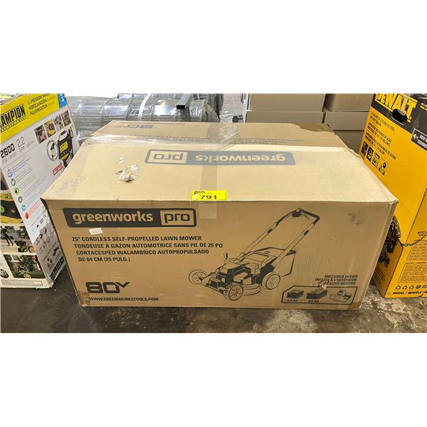 GREENWORKS PRO 25" CORDLESS SELF PROPELLED LAWN MOWER (UNKNOWN WORKING CONDITION, MAY BE