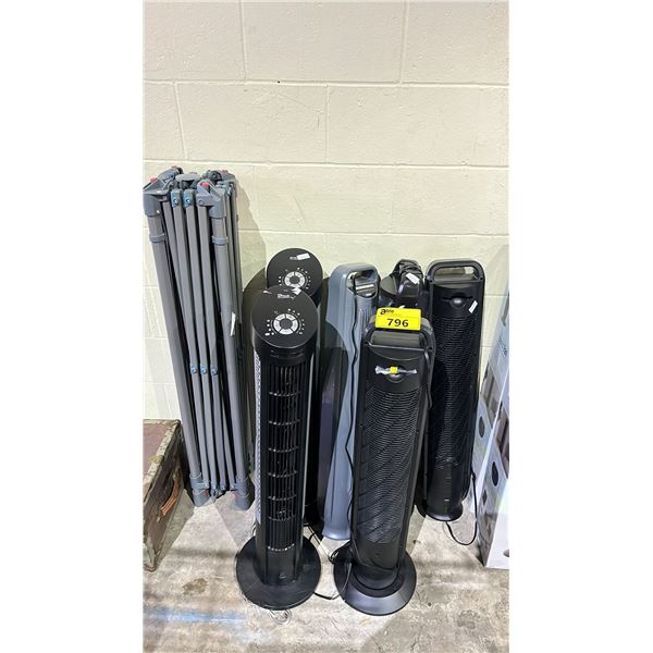 6 ASSORTED TOWER FANS & POP-UP GAZEBO FRAME (UNKNOWN WORKING CONDITION, MAY BE MISSING PIECES)