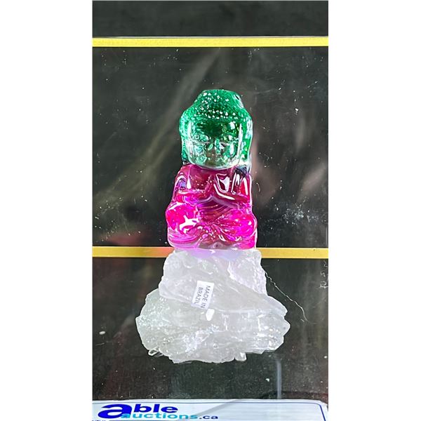CLEAR QUARTZ WITH MEDITATING BUDDHA ART DISPLAY RETAIL $600