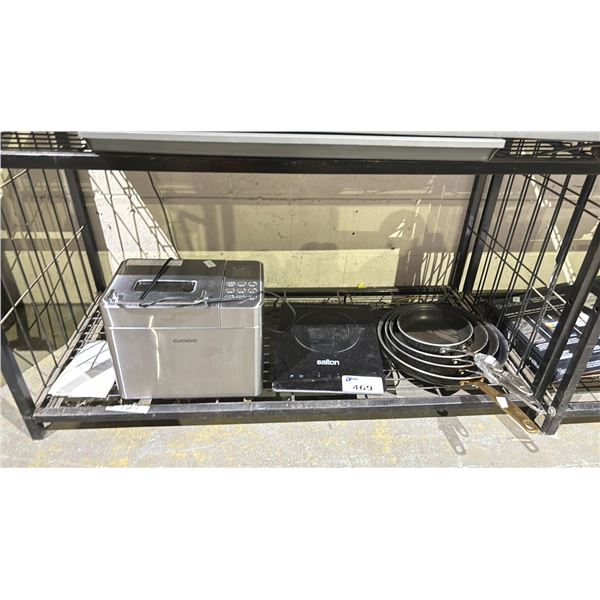 SHELF OF ASSORTED ITEMS INCLUDING; SALTON COOKTOP, CUCKOO BREADMAKER & ASSORTED PANS