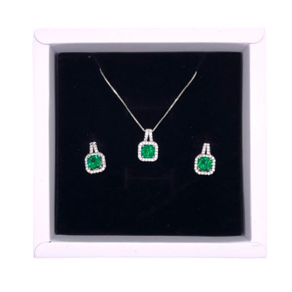 Sterling Silver Emerald 2 Piece Halo Jewelry Set