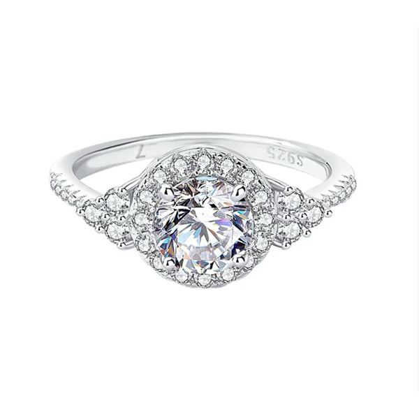 Sterling Silver 1.0ct Moissanite Diamond Halo Ring with 6 Side Stones