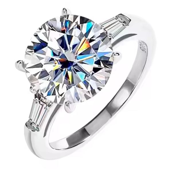 Sterling Silver 5.0ct Moissanite Diamond Ring with Baguettes