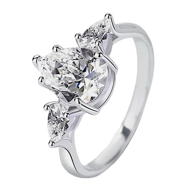 Sterling Silver 2.0ct Pear Moissanite Diamond Trinity Ring