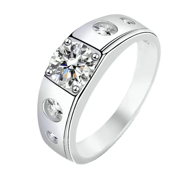 Sterling Silver 1.0ct Moissanite Diamond Mens Ring with Side Stones
