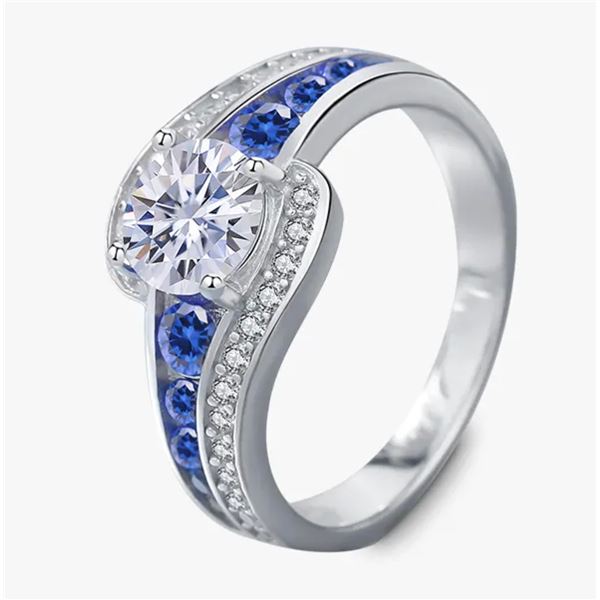 Sterling Silver 1.0ct Blue Sapphire Moissanite Diamond Ring