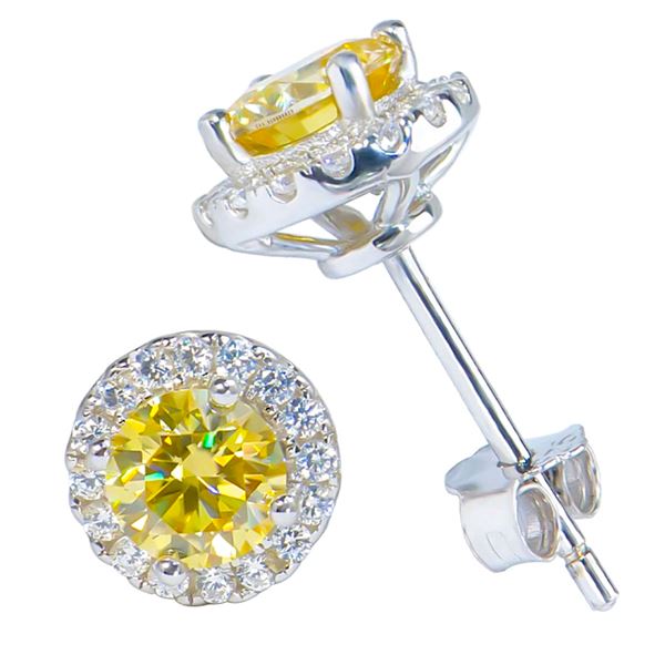 Sterling Silver 0.5ct Lemon Yellow Halo Moissanite Diamond Stud Earrings