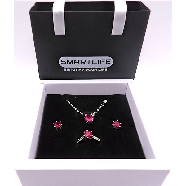 Sterling Silver 3 Piece Red Ruby Solitaire Jewelry Set