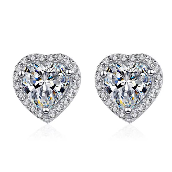 Sterling Silver 2.0ct Moissanite Diamond Heart Halo Stud Earrings
