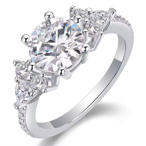 Sterling Silver 2.0ct Moissanite Diamond Ring with Side Stones