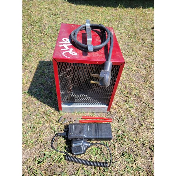 240 amp construction heater, Motorola handset & pliers
