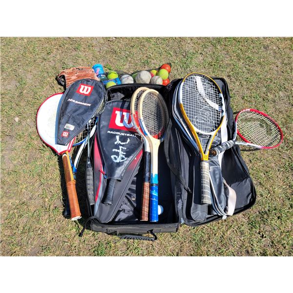 Qty of sports tennis rackets, badminton rackets, balls, etc.