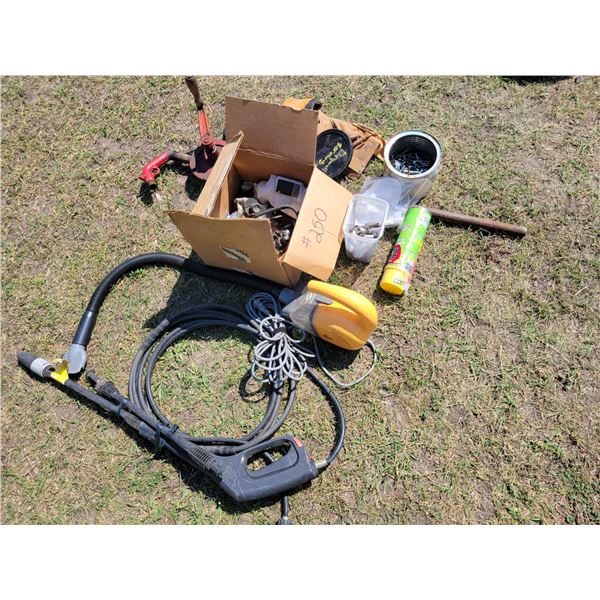 Pressure washer wand, hose, vacuum, screws, tool belt, misc. auto parts, hand transfer pump
