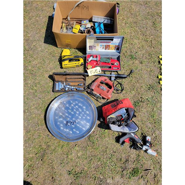 Stapler, glue guns, socket set, jig saw, drill bit set and misc.
