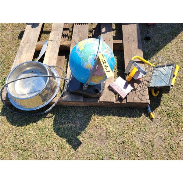 Heated water bowl, globe, halogen portable spotlight