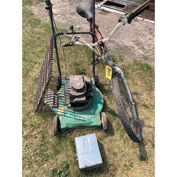 Old mower, 10 spd bike, crating & trap
