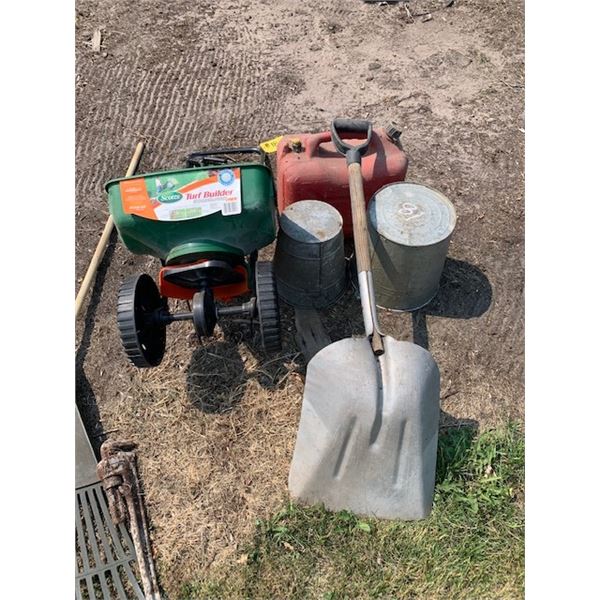 Spreader, rake, shovel, jerry can, 2- pails