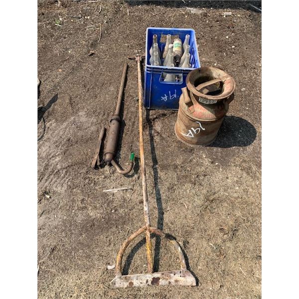 Good cream can,old bottles, hand pump, scraper