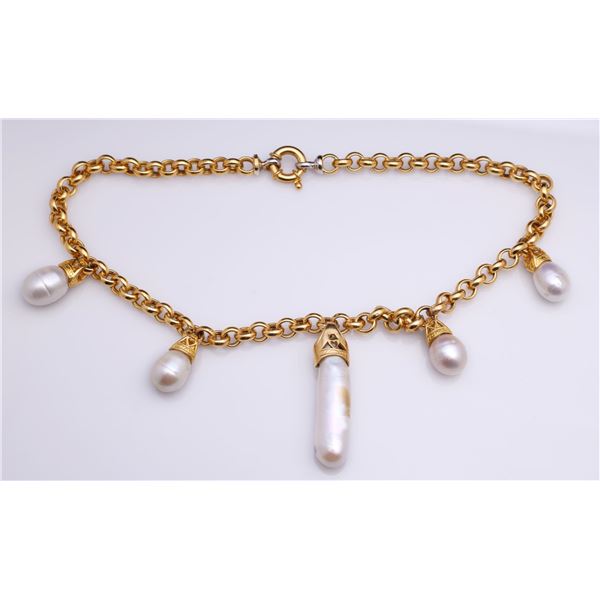 Italian 18K Gold Pearl & Diamond Designer Necklace