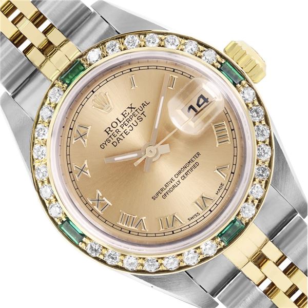 Rolex Ladies Quickset Sapphire 18K Two Tone Champagne Roman Diamond And Emerald