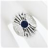 Image 3 : Vintage 14k White Gold Bezel Sapphire w/ Diamond Textured Open Work Domed Ring