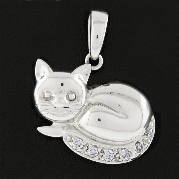 14K White Gold Cat Kitten w/ 0.05 ctw Pave Diamond Tail Collectible Charm Pendan