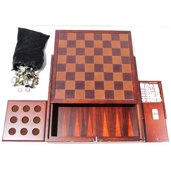 WOODEN CHESS CHECKERS ETC GAME SET APPROX 3 1/2" X 3 3/4"