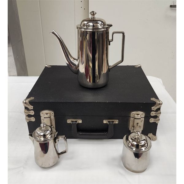 POLISHED CORBY HALL COFFEE SERVING SET INC. COFFEE POT, CREAMER & SUGAR