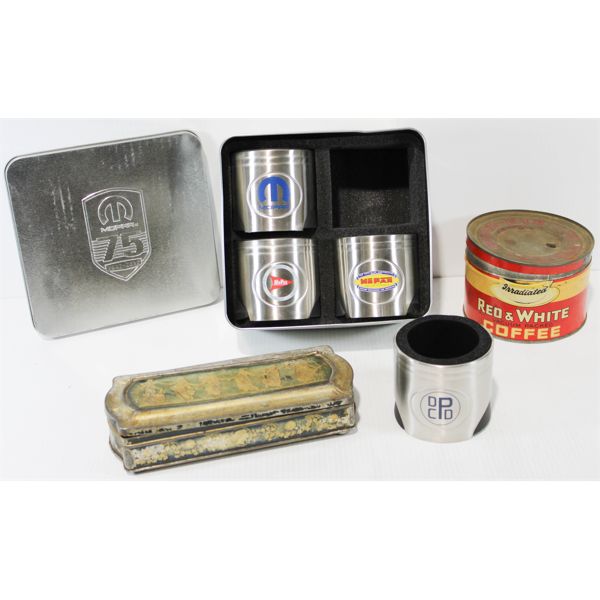 MOPAR 75 YEAR TIN & DRINK KOOZIES + VINTAGE TINS 