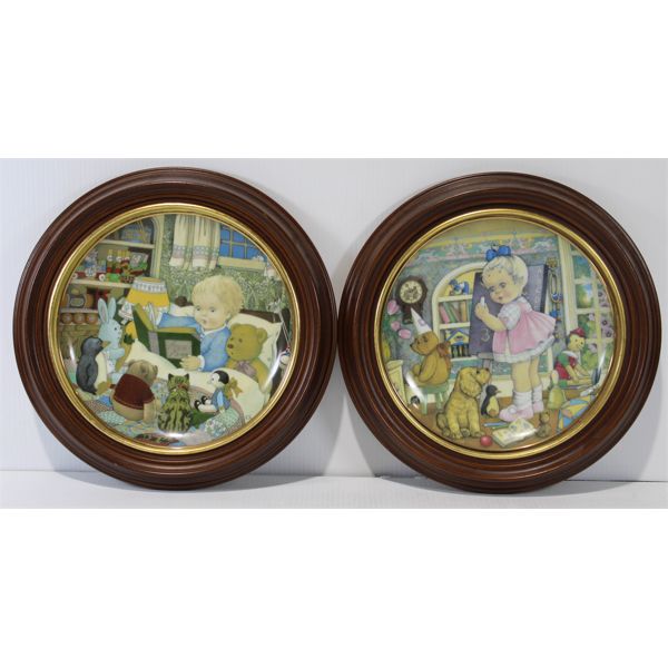 TWO FRAMED DECORTATIVE PLATES: STORYTIME & TEACHER'S PET