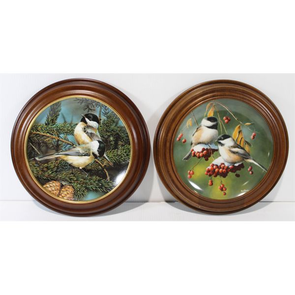 TWO FRAMED DECORTAIVE PLATES: THE CHICKADEE & BACKYARD TREASURE: THE CHICKADEE