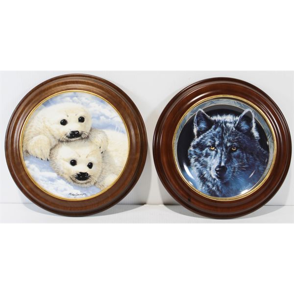 TWO FRAMED DECORTAIVE PLATES: BABY SEALS & MOON SHADOWS 