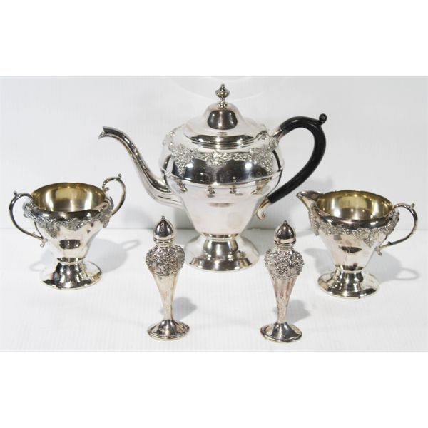 SILVER PLATED TEA SET & SALT / PEPPER SHAKERS