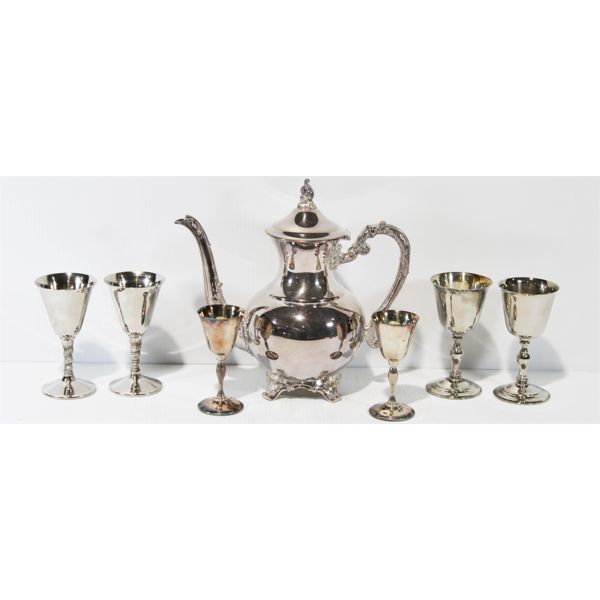 SILVER PLATED TEA POT & GOBLETS