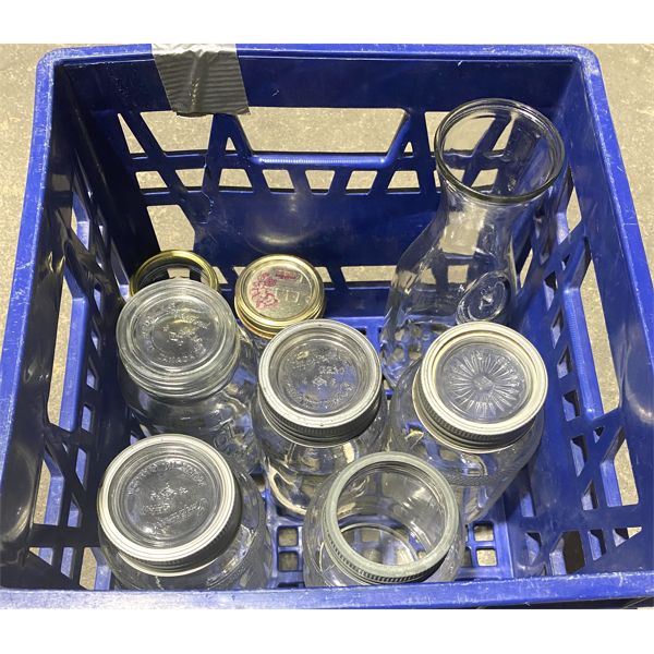 CRATE OF ASST. CANNING JARS & MILK BOTTLE