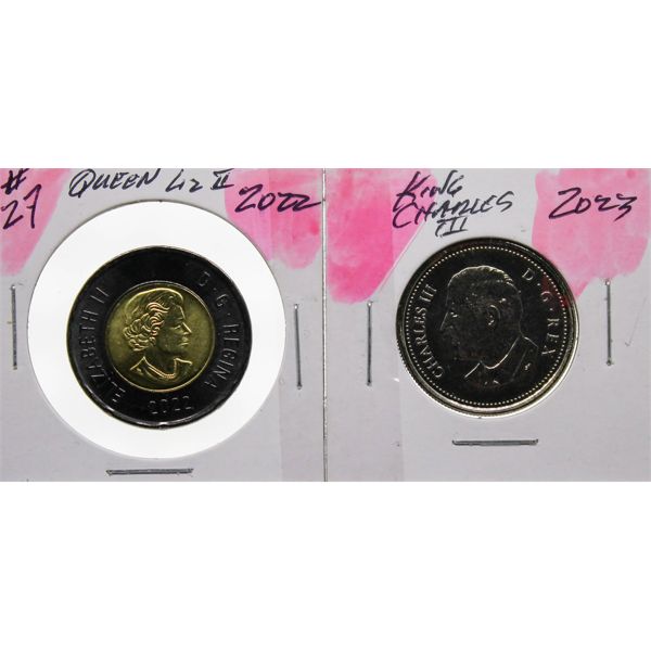 2022 QUEEN LIZ MEM. $2 & 2023 KING CHARLES COINS