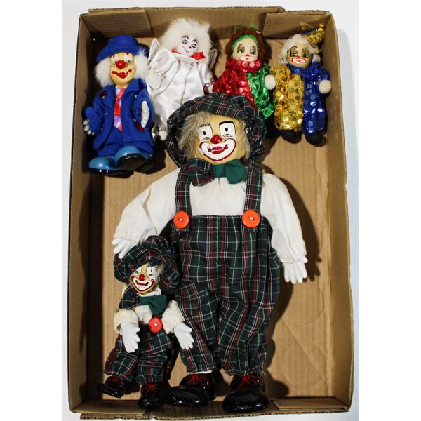 6 ASST. CLOWN FIGURES PORCELAIN HEAD & SANDBAG BODY ETC.